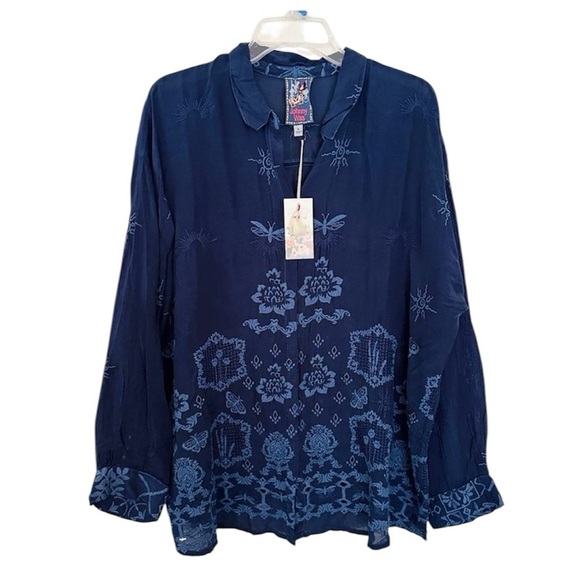 Johnny Was button down blue blouse in In Firefly Glow Navy NEW - Picture 2 of 10